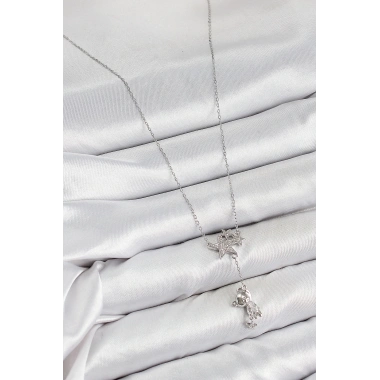 Pirinç Zirkon Taşlı Sallantılı Ayıcıklı Yıldız Model Gümüş Renk Kadın Kolye