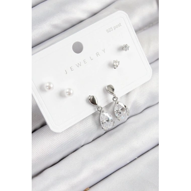 Pirinç Zirkon Taşlı Sallantılı Damla Model Gümüş Renk 925 Ayar Gümüş Çivi Kadın Küpe Set