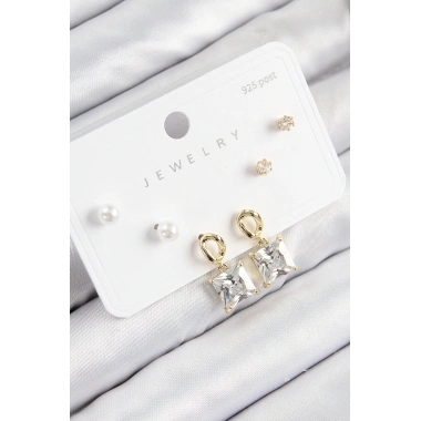 Pirinç Zirkon Taşlı Sallantılı Kare Model Gold Renk 925 Ayar Gümüş Çivi Kadın Küpe Set