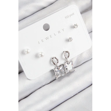 Pirinç Zirkon Taşlı Sallantılı Kare Model Gümüş Renk 925 Ayar Gümüş Çivi Kadın Küpe Set