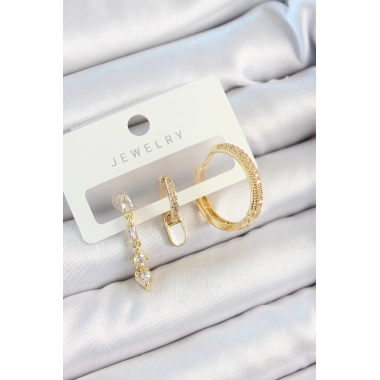 Pirinç Zirkon Taşlı Sallantılı Model Gold Renk 3lü Çift Kadın Küpe Set