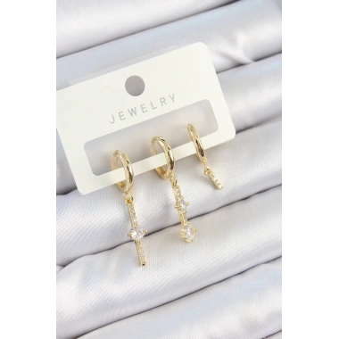 Pirinç Zirkon Taşlı Sallantılı Model Gold Renk 3lü Çift Kadın Küpe Set