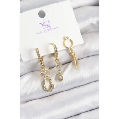 Pirinç Zİrkon Taşlı Sallantılı Model Gold Renk 3lü Kadın Küpe