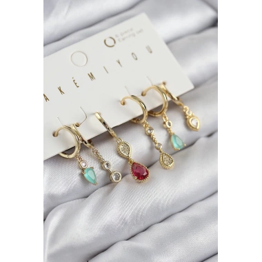 Pirinç Zirkon Taşlı Sallantılı Model Gold Renk 6lı Küpe Set