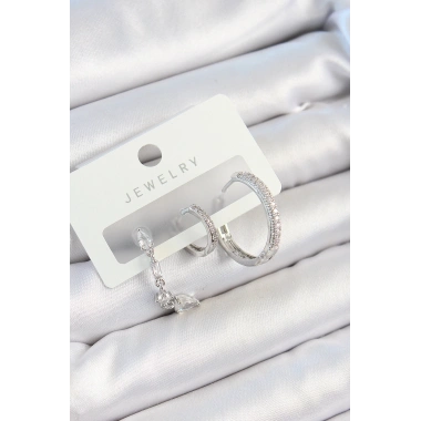 Pirinç Zirkon Taşlı Sallantılı Model Gümüş Renk 3lü Çift Kadın Küpe Set