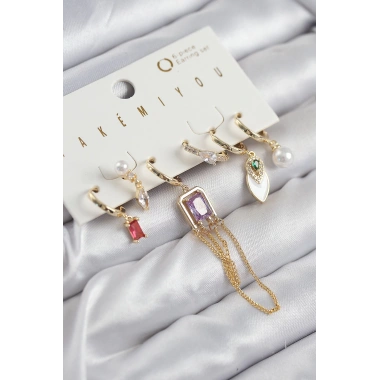 Pirinç Zirkon Taşlı Sallantılı Ve İncili Gold Renk 6lı Küpe Set