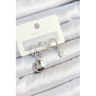 Pirinç Zirkon Taşlı Sallantılı Yıldız Model Gümüş Renk 3lü Çift Kadın Küpe Set