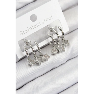 Pirinç Zirkon Taşlı Sallantılı Yıldız Model Gümüş Renk Kadın Küpe