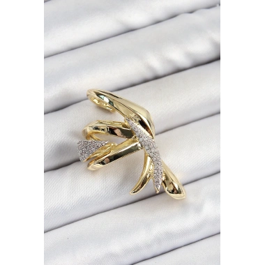 Pirinç Zirkon Taşlı Sıkıştırma Sağ Kıkırdak Gold Renk Kadın Küpe