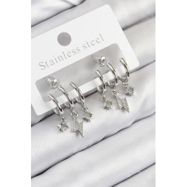 Pirinç Zirkon Taşlı Şimşek Model Gümüş Renk Kadın Küpe