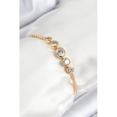 Pirinç Zirkon Taşlı Sıralı Daire Model Gold Renk Asansörlü Kadın Bileklik