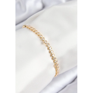 Pirinç Zirkon Taşlı Sıralı Model Gold Renk Asansörlü Kadın Bileklik