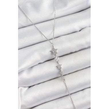 Pirinç Zirkon Taşlı Sıralı Yıldız Figürlü Y Model Gümüş Renk Kadın Kolye