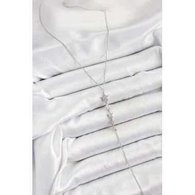 Pirinç Zirkon Taşlı Sıralı Yıldız Figürlü Y Model Gümüş Renk Kadın Kolye