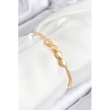Pirinç Zirkon Taşlı Sonsuzluk Model Gold Renk Asansörlü Kadın Bileklik