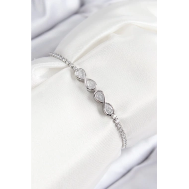 Pirinç Zirkon Taşlı Sonsuzluk Model Gümüş Renk Asansörlü Kadın Bileklik