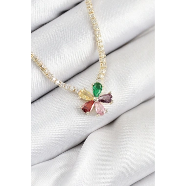 Pirinç Zirkon Taşlı Su Yolu Asorti Çiçek Model Gold Renk Kadın Kolye