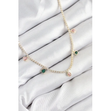 Pirinç Zirkon Taşlı Su Yolu Damla Model Gold Renk Kadın Kolye