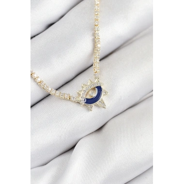 Pirinç Zirkon Taşlı Su Yolu Göz Model Gold Renk Kadın Kolye