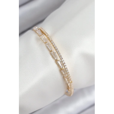 Pirinç Zirkon Taşlı Su Yolu Model Gold Renk Kadın Bileklik