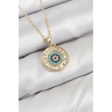 Pirinç Zirkon Taşlı Su Yolu Nazar Model Gold Renk Kadın Kolye