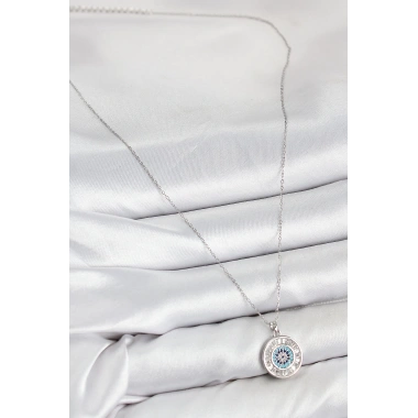 Pirinç Zirkon Taşlı Su Yolu Nazar Model Gümüş Renk Kadın Kolye