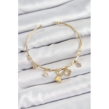 Pirinç Zirkon Taşlı Tavşan Ve Kalp Model Gold Renk Charm Bileklik