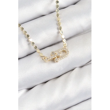 Pirinç Zirkon Taşlı Tifany Model Ezme Zincir Gold Renk Kadın Kolye