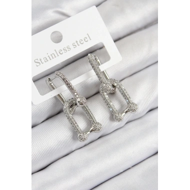 Pirinç Zirkon Taşlı Tifany Model Gümüş Renk Kadın Küpe