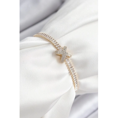 Pirinç Zirkon Taşlı X Detaylı Su Yolu Model Gold Renk Asansörlü Kadın Bileklik