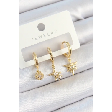Pirinç Zirkon Taşlı Yıldız Model Gold Renk 3lü Çift Kadın Küpe Set