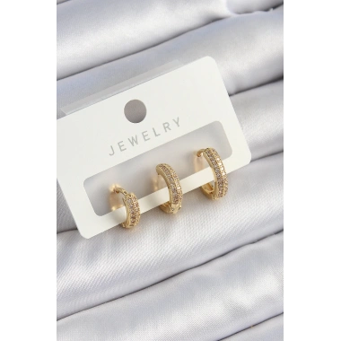 Pirinç Zirkon Taşlı Yıldız Model Gold Renk 3lü Çift Kadın Küpe Set