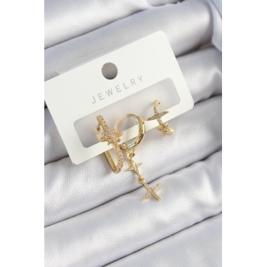 Pirinç Zirkon Taşlı Yıldız Model Gold Renk 3lü Çift Kadın Küpe Set