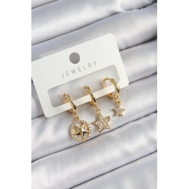 Pirinç Zirkon Taşlı Yıldız Model Gold Renk 3lü Çift Kadın Küpe Set