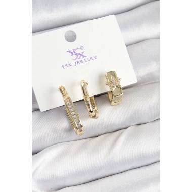 Pirinç Zİrkon Taşlı Yıldız Model Gold Renk 3lü Kadın Küpe