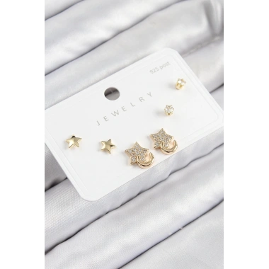 Pirinç Zirkon Taşlı Yıldız Model Gold Renk 925 Ayar Gümüş Çivi Kadın Küpe Set