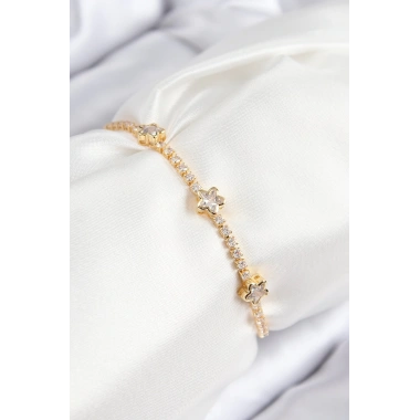 Pirinç Zirkon Taşlı Yıldız Model Gold Renk Asansörlü Kadın Bileklik