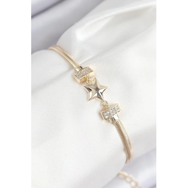 Pirinç Zirkon Taşlı Yıldız Model Gold Renk Kadın Bileklik