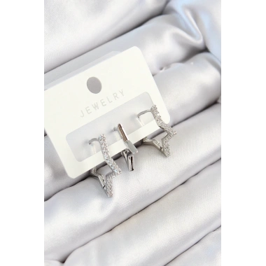 Pirinç Zirkon Taşlı Yıldız Model Gümüş Renk 3lü Çift Kadın Küpe Set