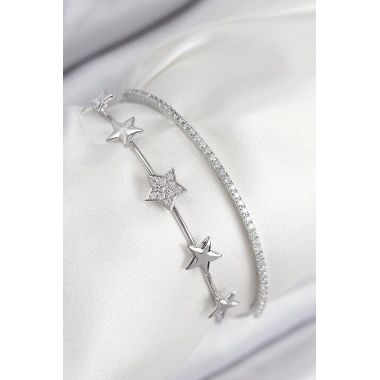 Pirinç Zirkon Taşlı Yıldız Model Gümüş Renk Kadın Bileklik
