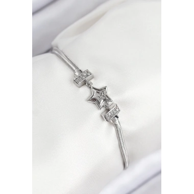 Pirinç Zirkon Taşlı Yıldız Model Gümüş Renk Kadın Bileklik