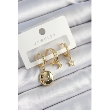 Pirinç Zirkon Taşlı Yıldız Ve Ay Model Gold Renk 3lü Çift Kadın Küpe Set