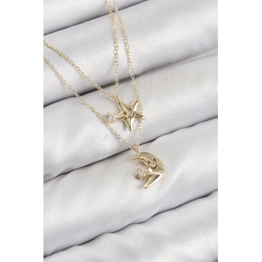 Pirinç Zirkon Taşlı Yıldız Ve Ay Model Gold Renk Kadın Kolye