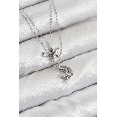 Pirinç Zirkon Taşlı Yıldız Ve Ay Model Gümüş Renk Kadın Kolye