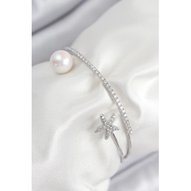 Pirinç Zirkon Taşlı Yıldız Ve İnci Model Gümüş Renk Kadın Bileklik