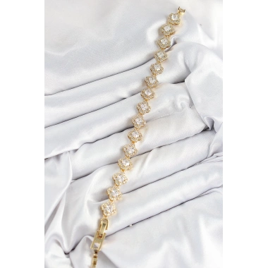 Pirinç Zirkon Taşlı Yonca Baget Model Gold Renk VIP Seri Kadın Bileklik