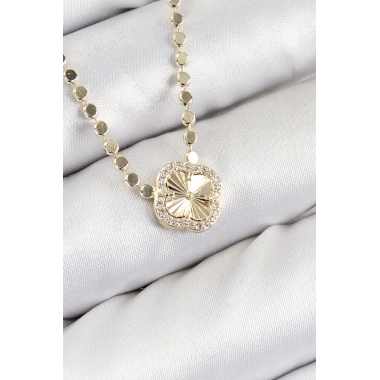 Pirinç Zirkon Taşlı Yonca Model Ezme Zincir Gold Renk Kadın Kolye