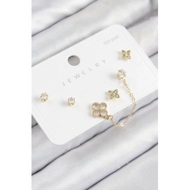 Pirinç Zirkon Taşlı Yonca Model Gold Renk 925 Ayar Gümüş Çivi Kadın Küpe Set