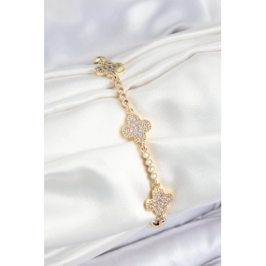Pirinç Zirkon Taşlı Yonca Model Gold Renk Kadın Bileklik