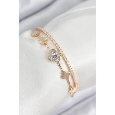 Pirinç Zirkon Taşlı Yonca Model Gold Renk Kadın Bileklik